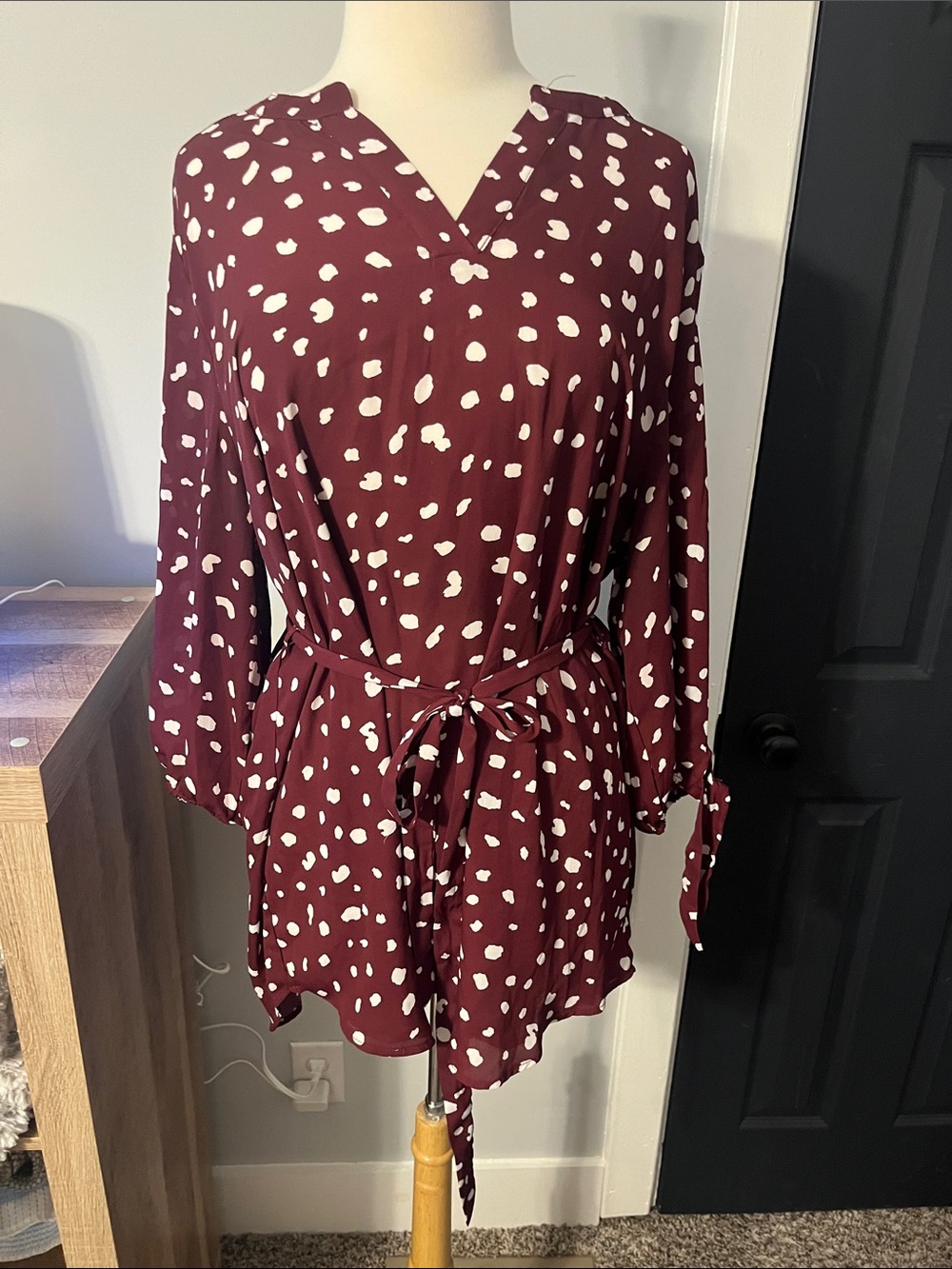 Women's Maroon Polka Dot maternity Tie-Waist top